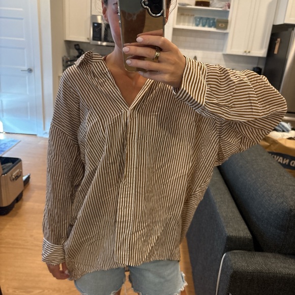 Zara Striped Brown button up Shirt - Picture 1 of 3